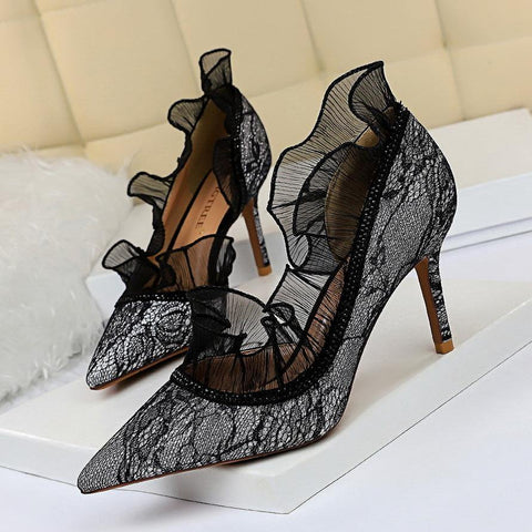 Image of Hollow rhinestone lace high heels - Paule & Angels