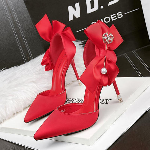 Image of Satin High Heels Bow Sexy Pearl Sandals - Paule & Angels