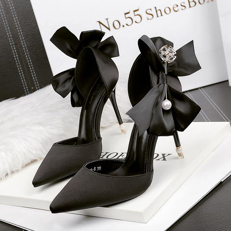 Satin High Heels Bow Sexy Pearl Sandals - Paule & Angels