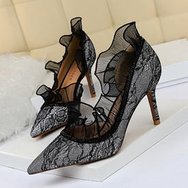 Hollow rhinestone lace high heels