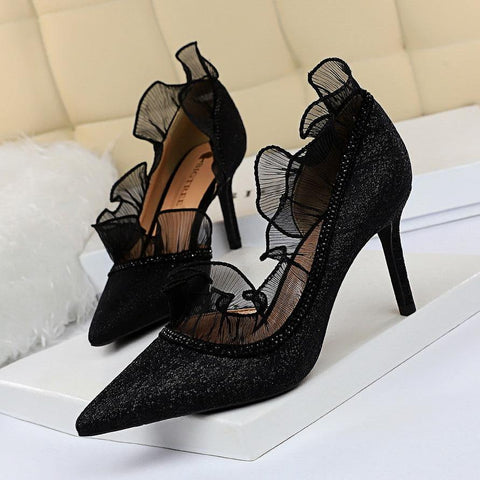 Image of Hollow rhinestone lace high heels - Paule & Angels