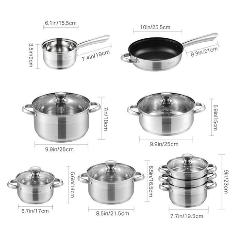 Image of Velaze Cookware Set Stainless Steel 14-Piece Induction Kitchen Cooking Pot&Pan Set,Saucepan,Casserole,Steamer,Frypan,Glass lid - Paule & Angels