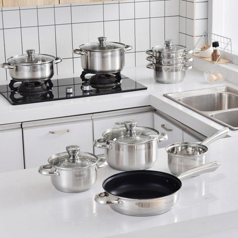 Image of Velaze Cookware Set Stainless Steel 14-Piece Induction Kitchen Cooking Pot&Pan Set,Saucepan,Casserole,Steamer,Frypan,Glass lid - Paule & Angels