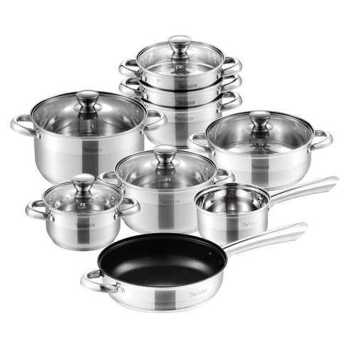 Image of Velaze Cookware Set Stainless Steel 14-Piece Induction Kitchen Cooking Pot&Pan Set,Saucepan,Casserole,Steamer,Frypan,Glass lid - Paule & Angels