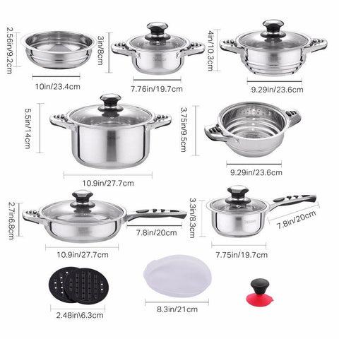 Image of Velaze Cookware Set Stainless Steel 16-Piece Cooking Pot&Pan Set Induction Include Saucepan,Casserole,Salad Bowl,Steaming Insert - Paule & Angels