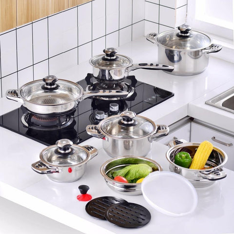 Image of Velaze Cookware Set Stainless Steel 16-Piece Cooking Pot&Pan Set Induction Include Saucepan,Casserole,Salad Bowl,Steaming Insert - Paule & Angels